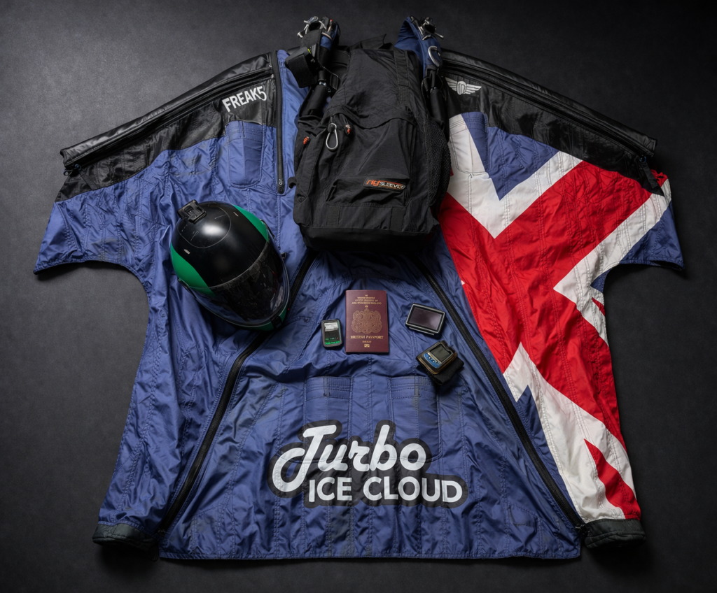 Wingsuit, rig, AAD, helmet, hook knife, altimeter, audible, membership etc.
